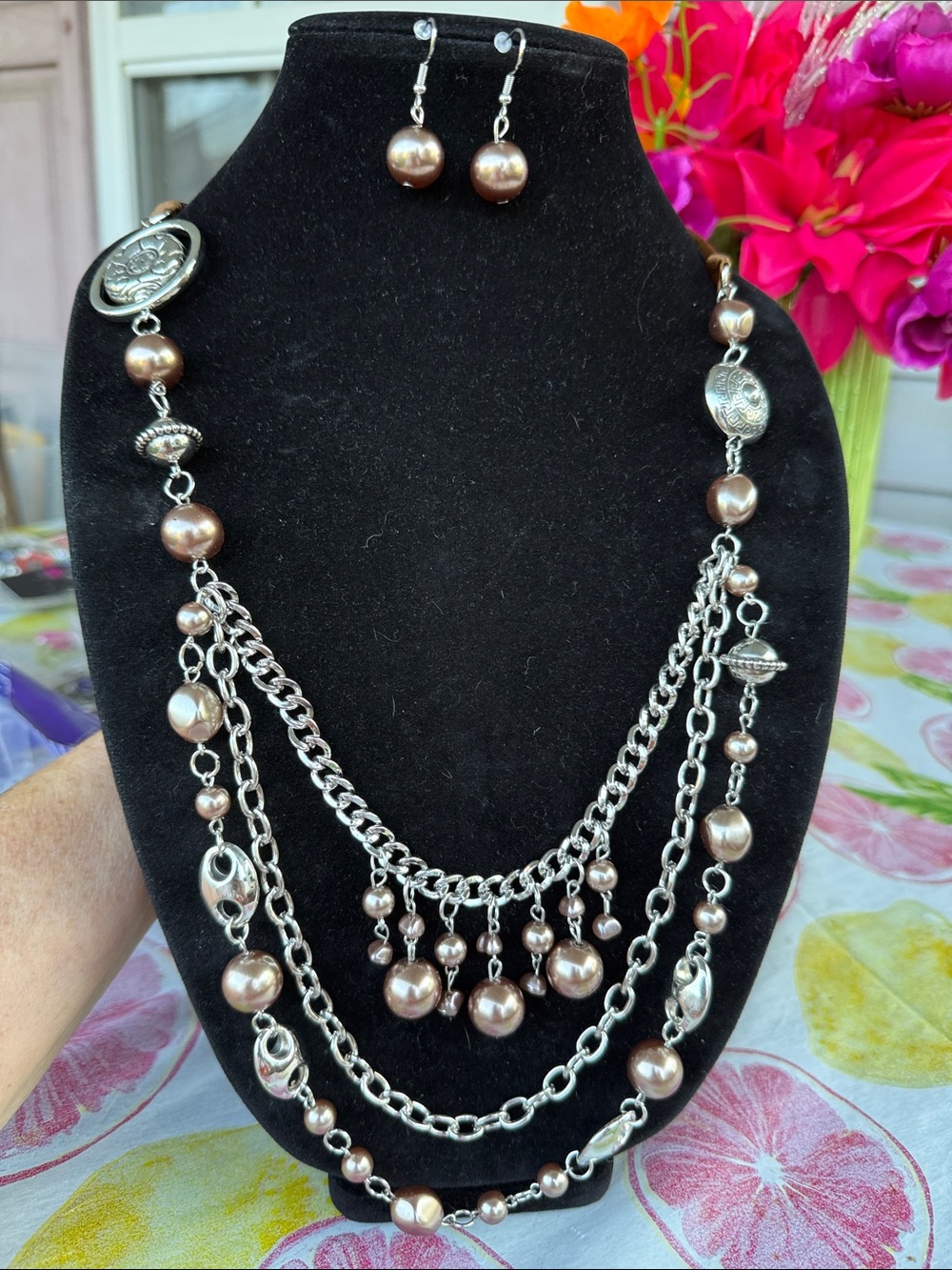 New 18” Women’s 3-Strand Silver Necklace with Champagne Pearl Drops & earrings